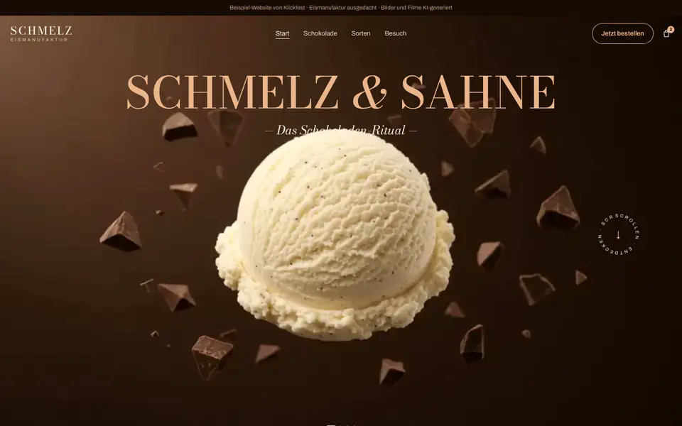 Beispiel-Website Eismanufaktur Schmelz mit Eiskugel und Schokolade